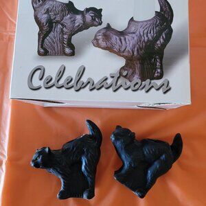 Vintage Celebrations Set of 2 Halloween Black Cat Glass Taper Candle Holders